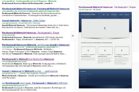 Bild von Vorschau einer Homepage in Google Instant Preview